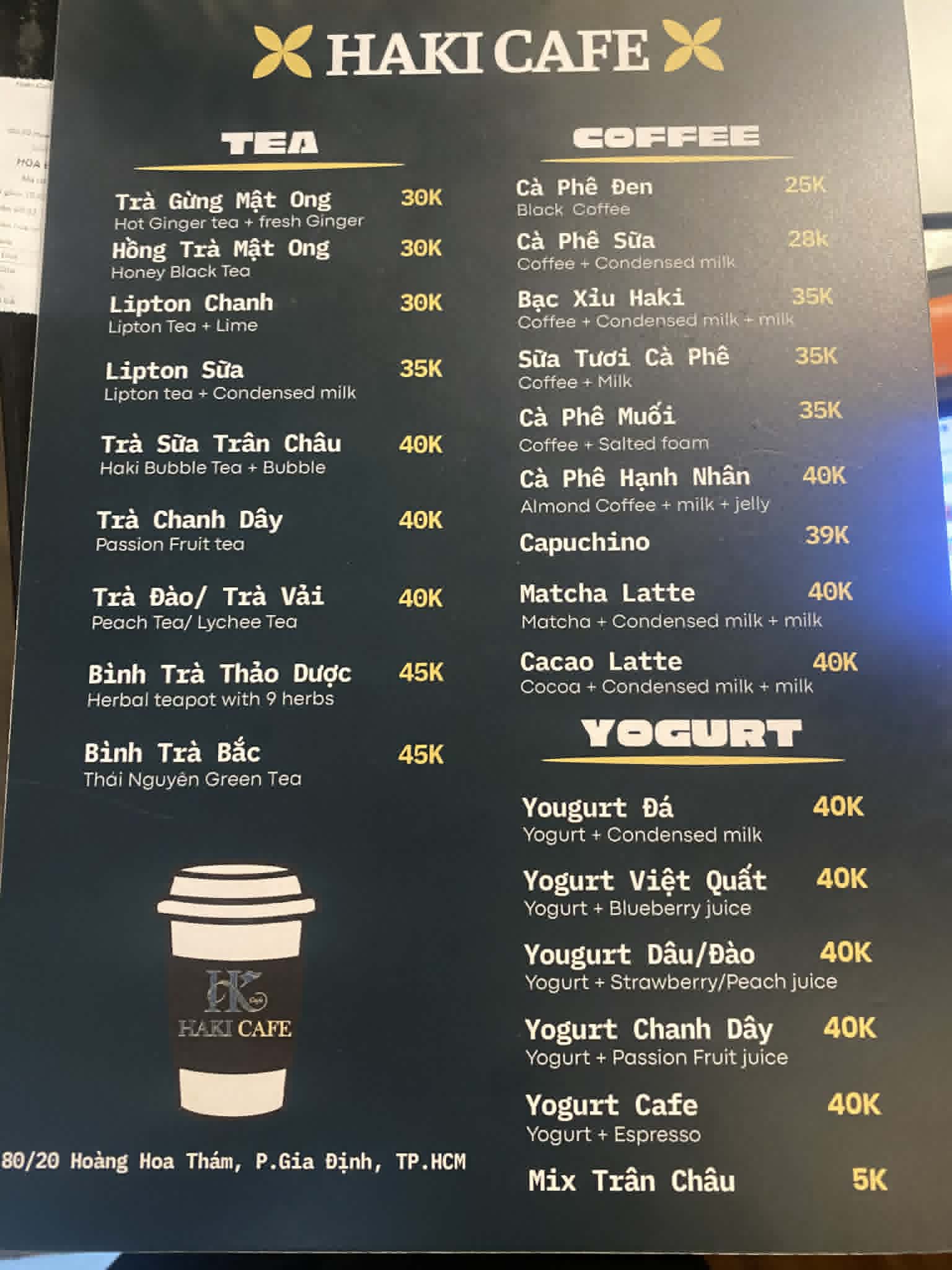 Menu HaKi Cafe - Cà phê, Trà, Yogurt